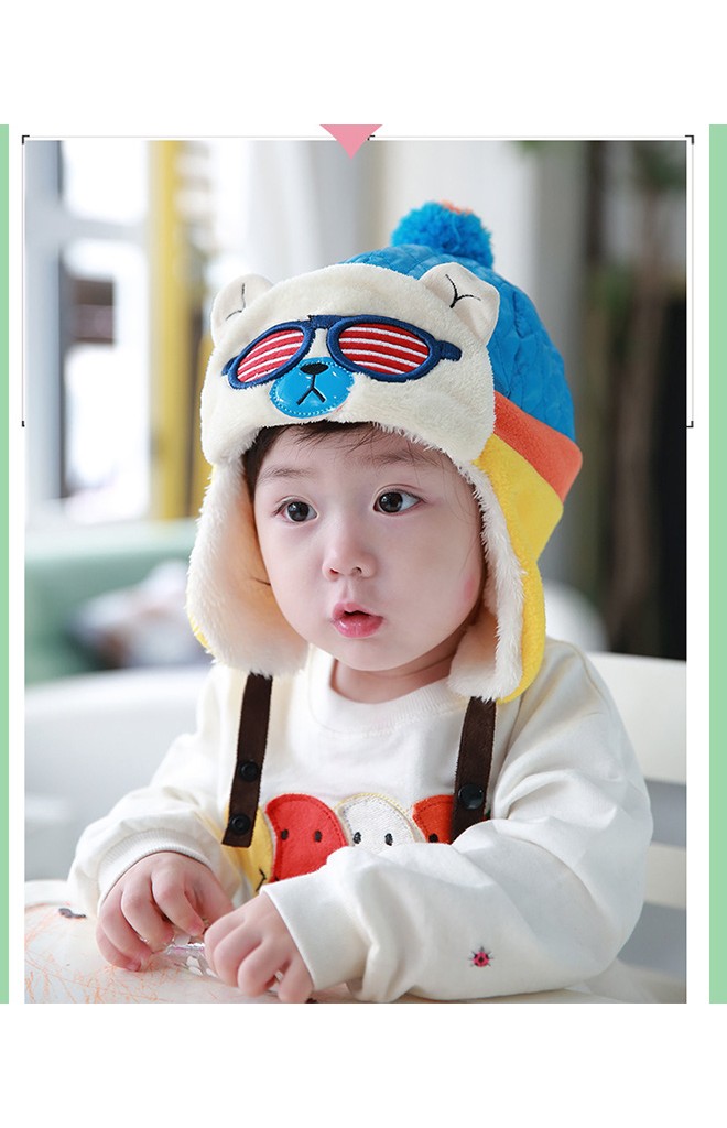 หมวกเด็กใส่กันหนาวสไตล์หมวกนักบิน แต่งหน้าหมีใส่แว่น