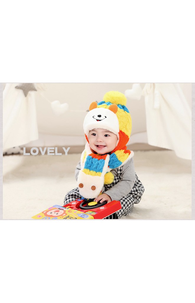 เซ็ตหมวกไหมพรมเด็กพร้อมผ้าพันคอรูปหมียิ้ม MOFABABI