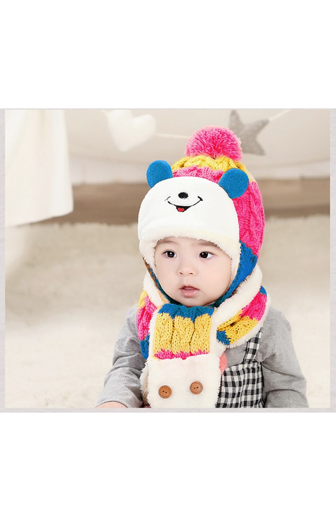 เซ็ตหมวกไหมพรมเด็กพร้อมผ้าพันคอรูปหมียิ้ม MOFABABI