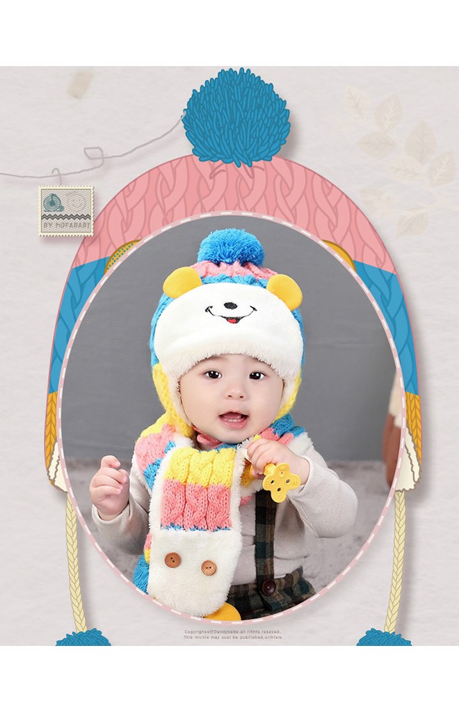 เซ็ตหมวกไหมพรมเด็กพร้อมผ้าพันคอรูปหมียิ้ม MOFABABI