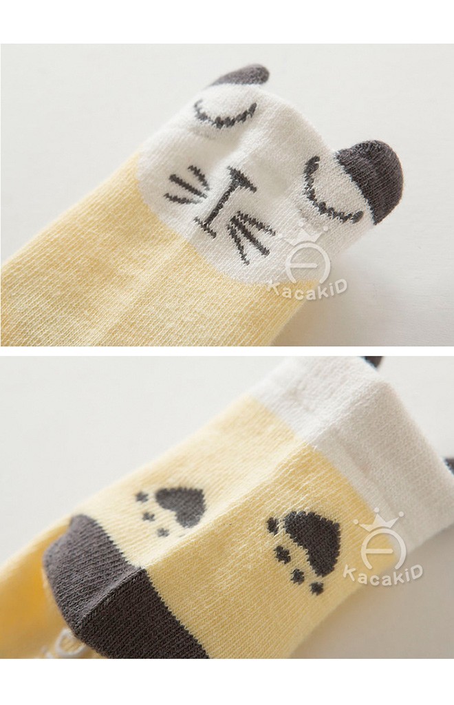 ถุงเท้าเด็กน่ารัก สีฟ้าลายหน้าจิ้งจอก สีเหลืองลายแมว