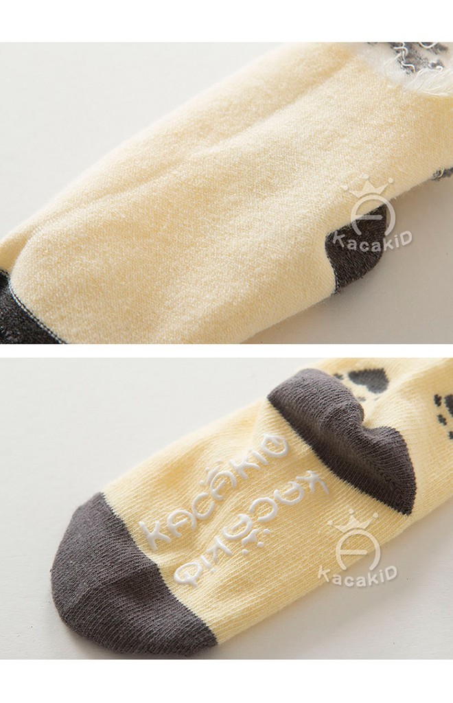 ถุงเท้าเด็กน่ารัก สีฟ้าลายหน้าจิ้งจอก สีเหลืองลายแมว