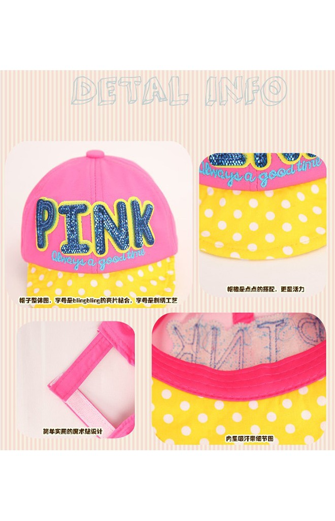 หมวกแก๊ปเด็ก แต่งอักษร PINK ปีกหมวกลายจุด