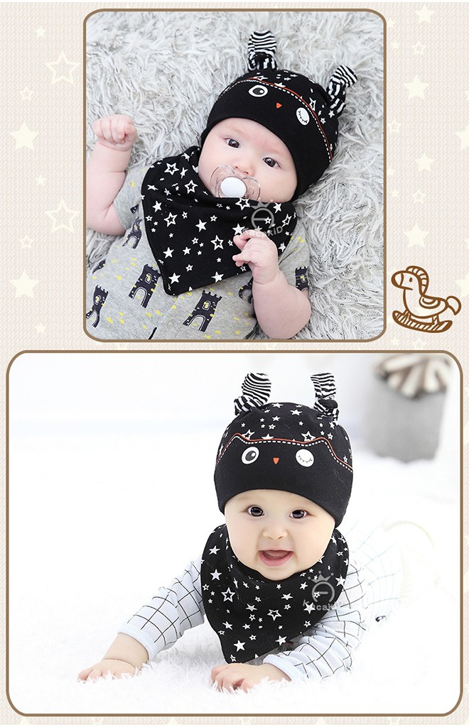 เซ็ตหมวกเด็กเล็กมาพร้อมผ้ากันเปื้อนลายนกฮูก สกรีนรูปดาว