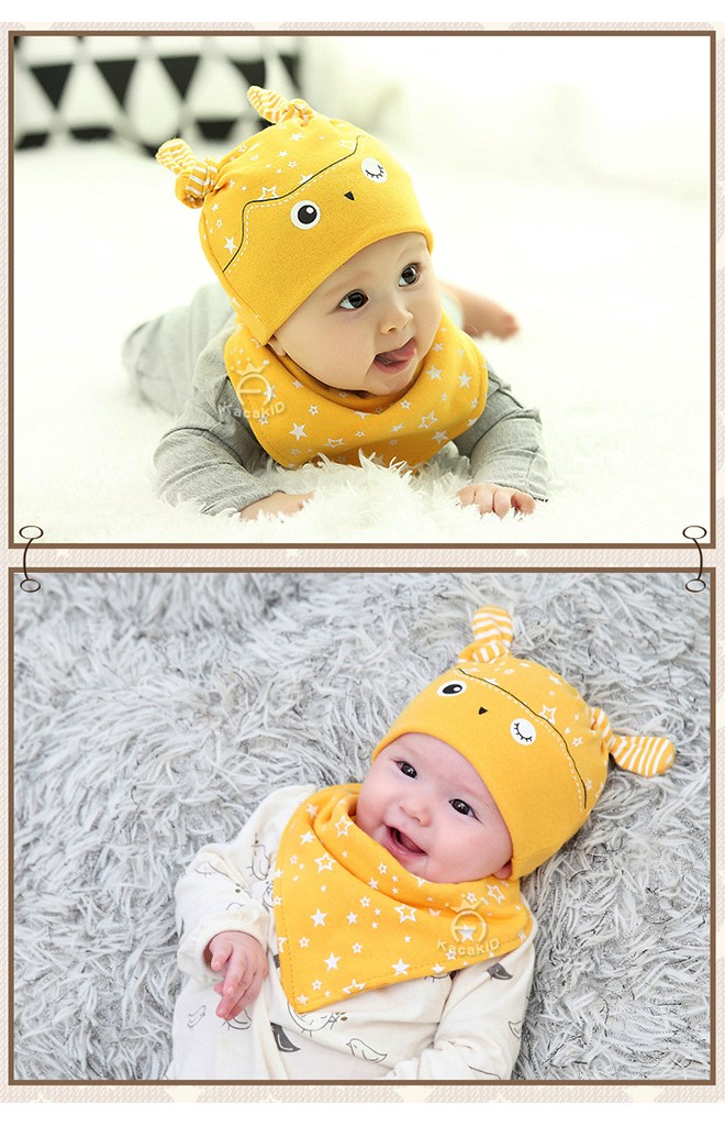 เซ็ตหมวกเด็กเล็กมาพร้อมผ้ากันเปื้อนลายนกฮูก สกรีนรูปดาว