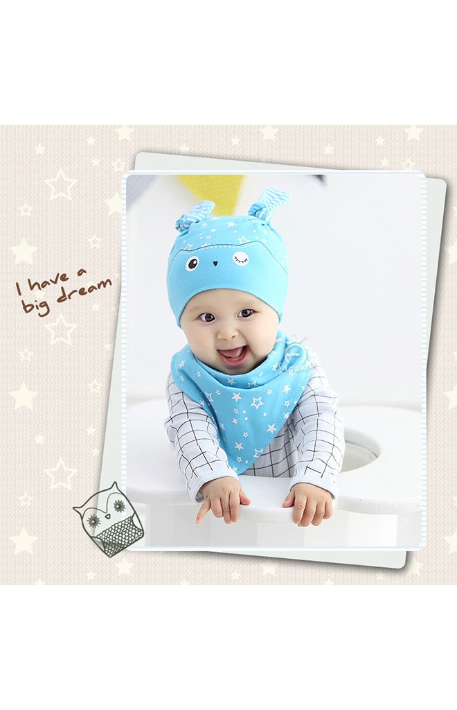 เซ็ตหมวกเด็กเล็กมาพร้อมผ้ากันเปื้อนลายนกฮูก สกรีนรูปดาว