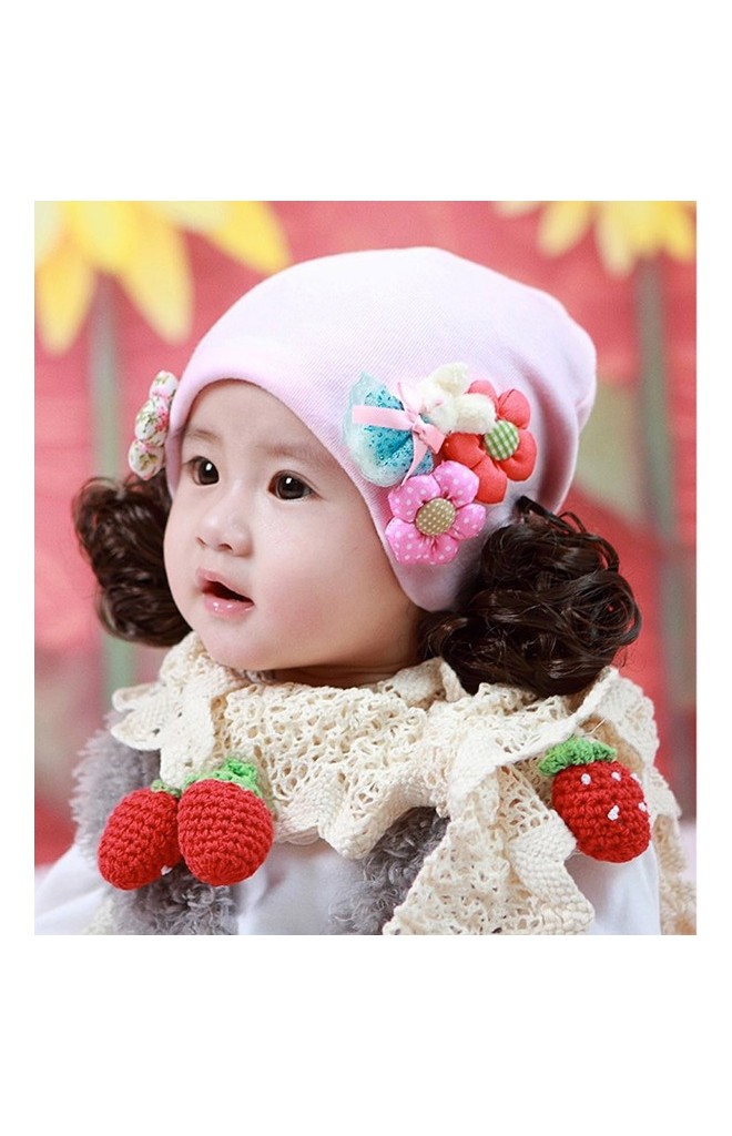 หมวกปอยผมเด็กหญิงสีชมพูอ่อนแต่งกระต่ายและดอกไม้นูน