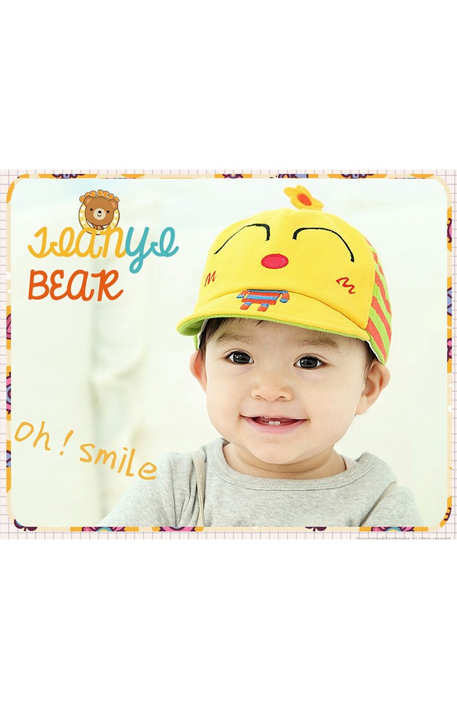 หมวกแก๊ปรูปการ์ตูนหน้ายิ้ม ด้านบนแต่งรูปดอกไม้