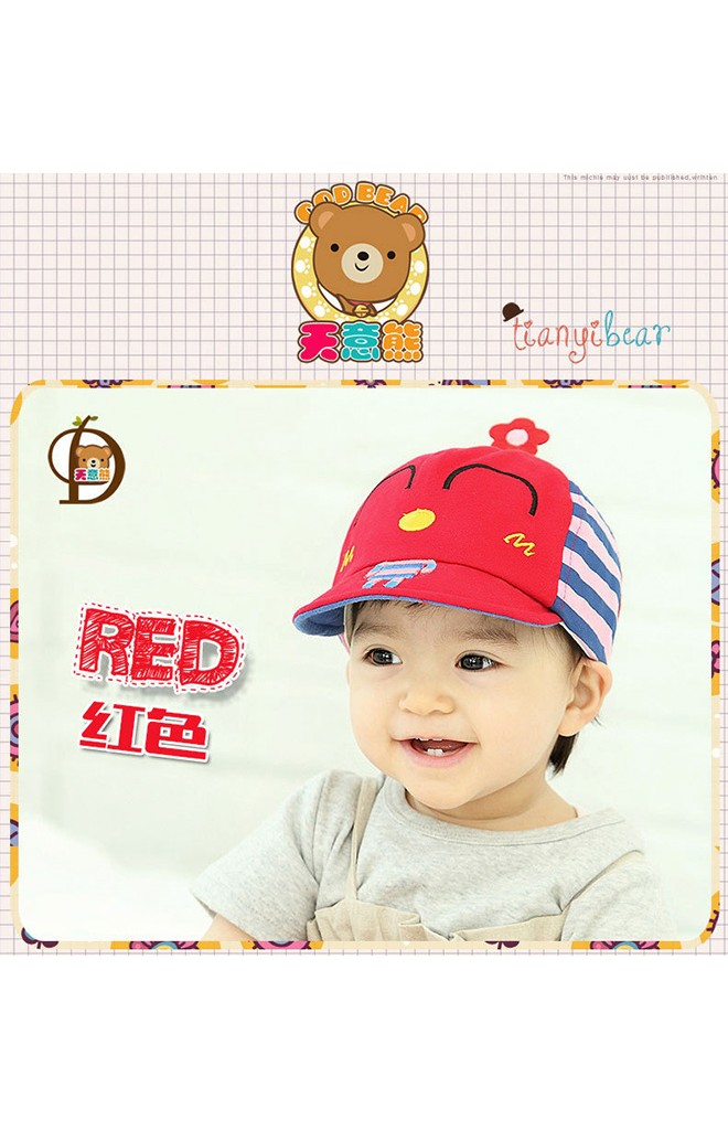 หมวกแก๊ปรูปการ์ตูนหน้ายิ้ม ด้านบนแต่งรูปดอกไม้