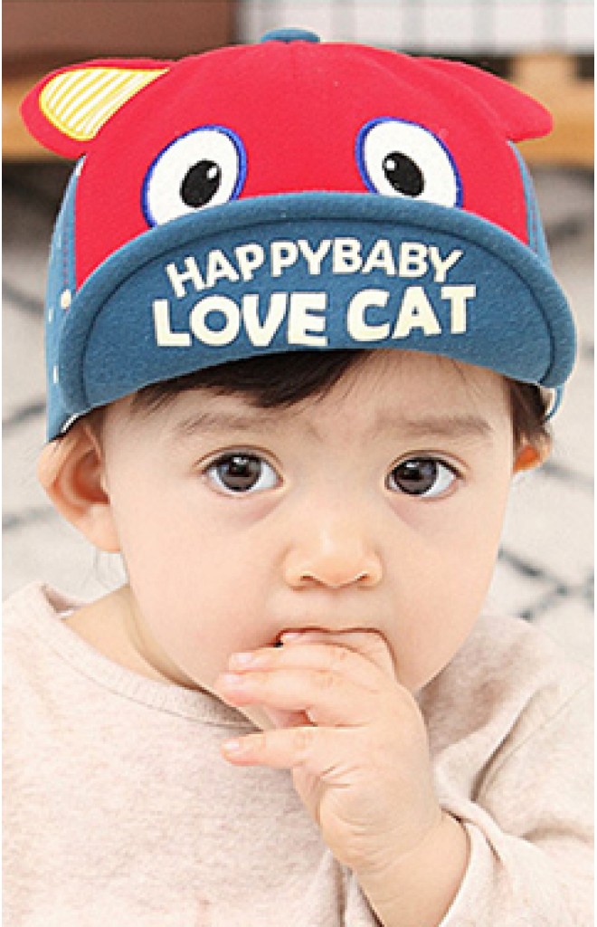 หมวกแก๊ปแมวตาโต  ปีกหมวกสกรีน HAPPYBABY LOVE CAT