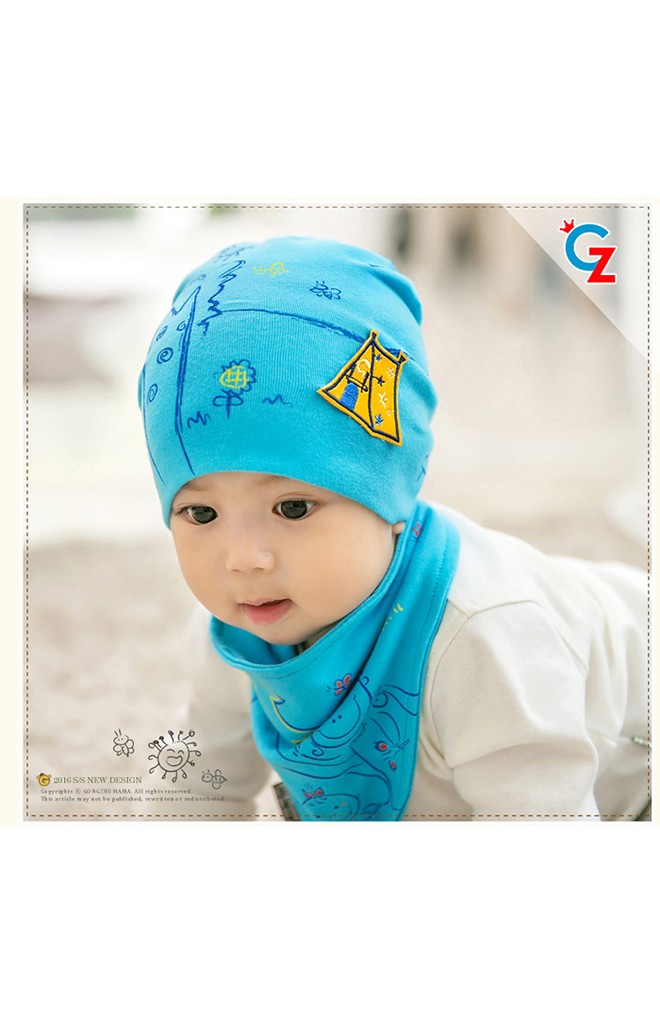 หมวกเด็กผ้ายืดแต่งรูปเต้นท์มาพร้อมผ้ากันเปื้อนลายแคมป์ปิ้ง GZMM