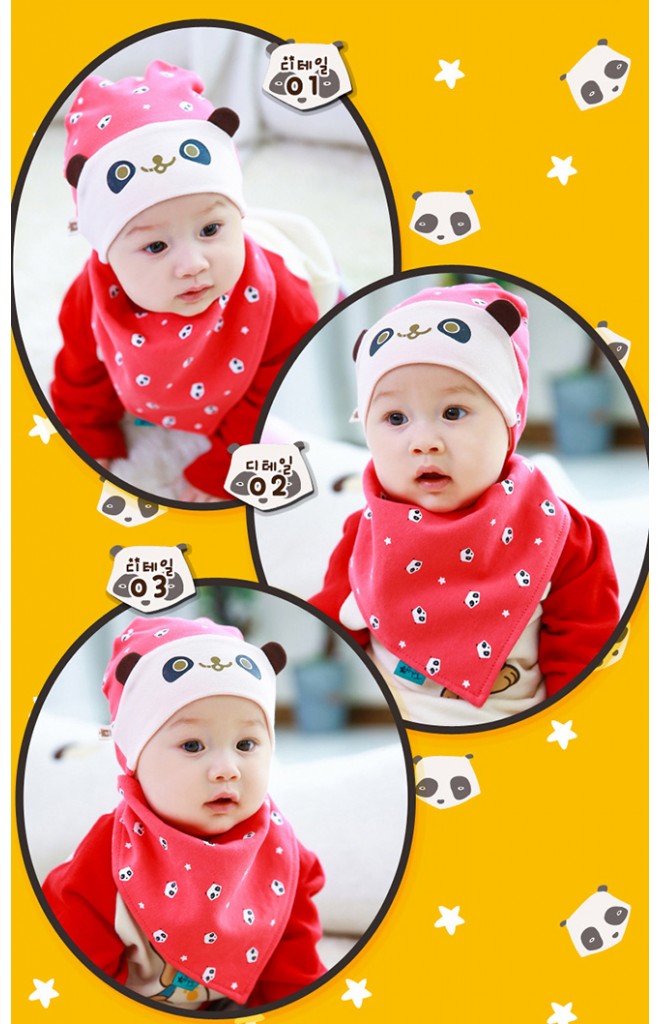 เซ็ตหมวกเด็กเล็กพร้อมผ้ากันเปื้อนสามเหลี่ยมลายแพนด้า TUTUYA