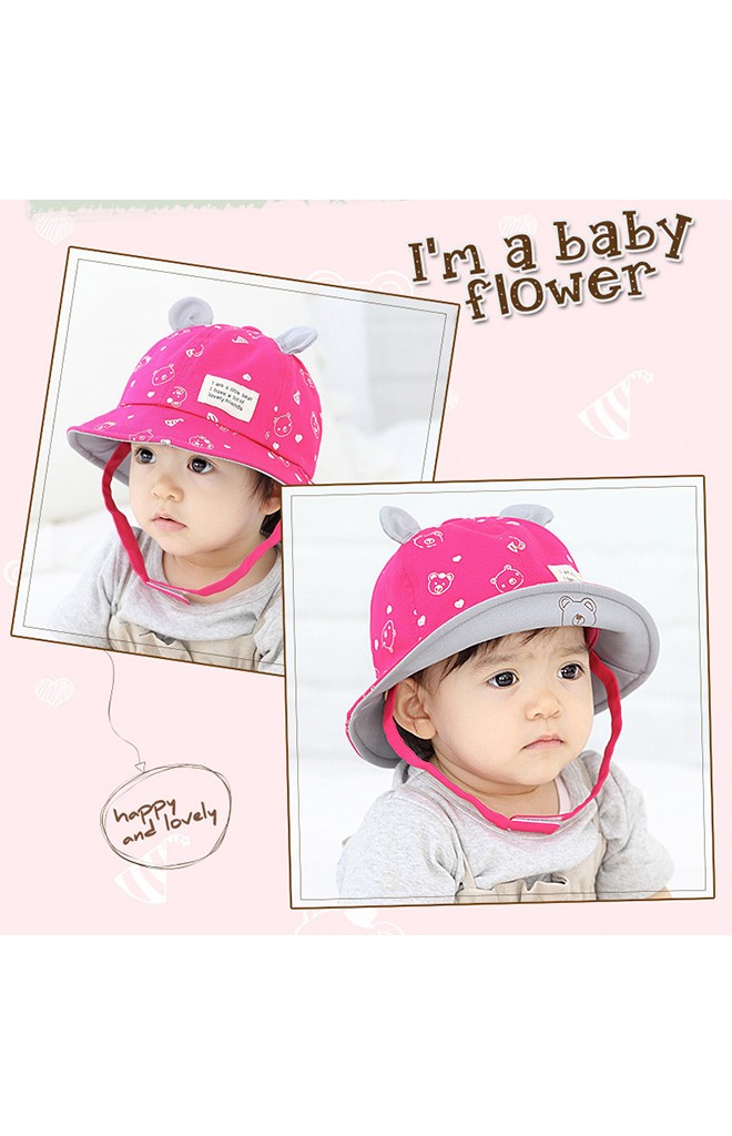 หมวกปีกรอบลายหมีแต่งหู ตัดด้วยปีกหมวกด้านในสีพื้น