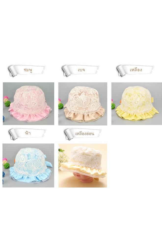 หมวกสาวน้อย ด้านในผ้าพื้นแต่งลูกไม้ขาวด้านนอก ชายระบายหวาน