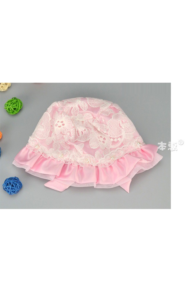 หมวกสาวน้อย ด้านในผ้าพื้นแต่งลูกไม้ขาวด้านนอก ชายระบายหวาน
