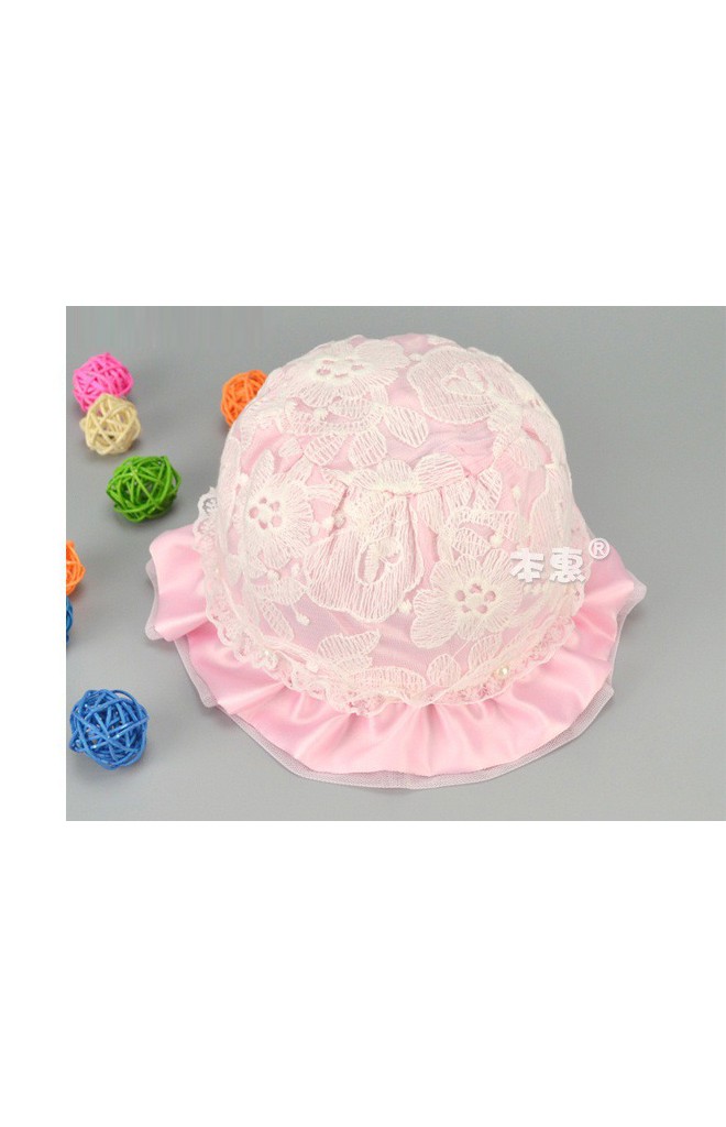 หมวกสาวน้อย ด้านในผ้าพื้นแต่งลูกไม้ขาวด้านนอก ชายระบายหวาน