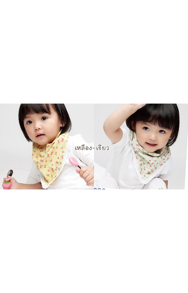 ผ้ากันเปื้อนเด็กลายดอก แพ็ค 2 สี แต่งขอบผ้าฉลุสีขาว
