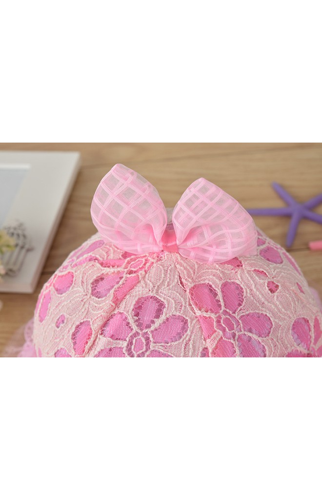 หมวกสาวน้อยลูกไม้ชายระบายหวาน ด้านบนแต่งโบว์ตั้ง