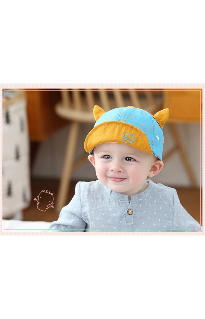 หมวกแก๊ปลายหน้าแมวสีฟ้าแต่งเขาน่ารัก