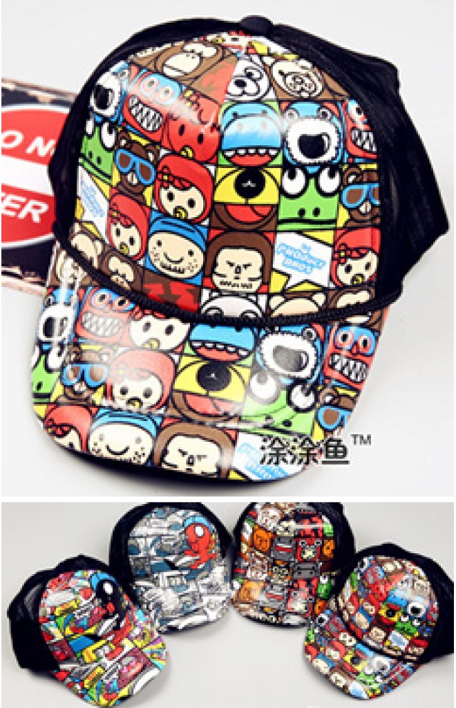 หมวกแก๊ปลายการ์ตูนสีสันสดใส ด้านหลังเป็นผ้าตาข่ายสีดำ หมวกแก๊ปลายการ์ตูนสีสันสดใส ด้านหลังเป็นผ้าตาข่ายสีดำ