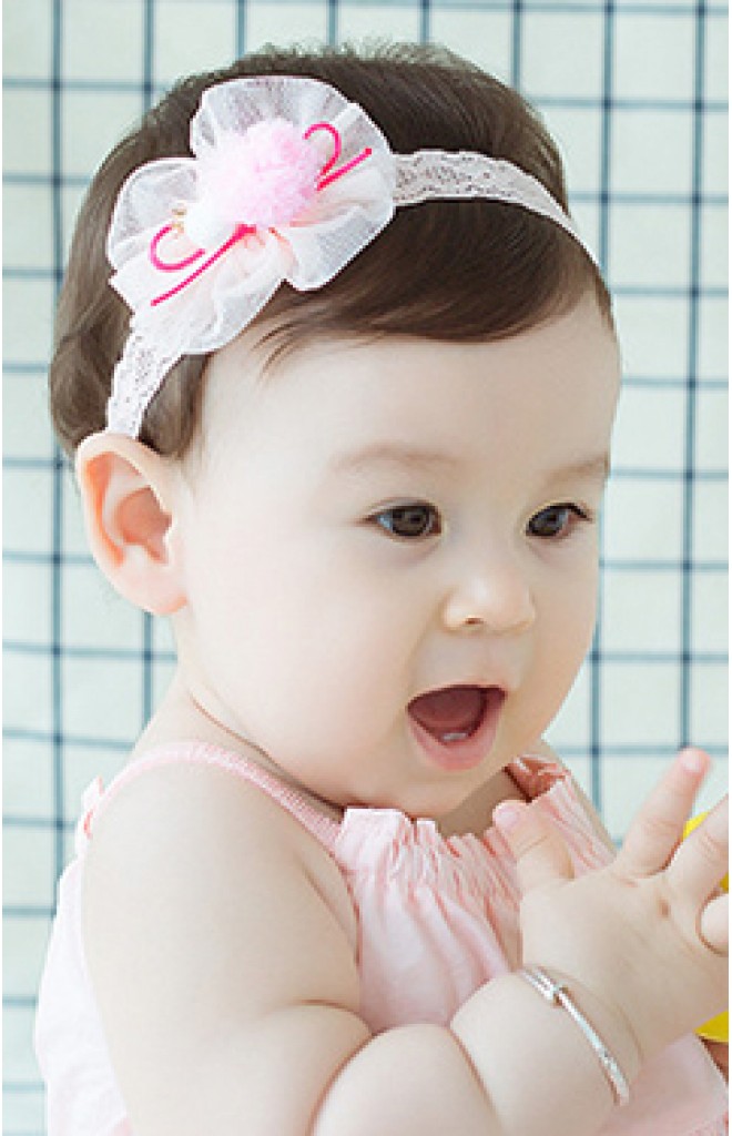 สายคาดโบว์ผ้าตาข่าย แต่งปอมปอมเล็ก สายยืดลูกไม้