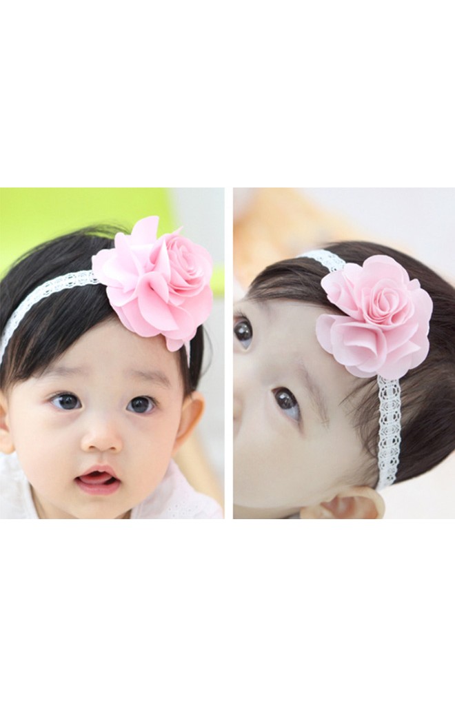 สายคาดผมดอกไม้สีชมพูหวาน สายคาดสีขาว