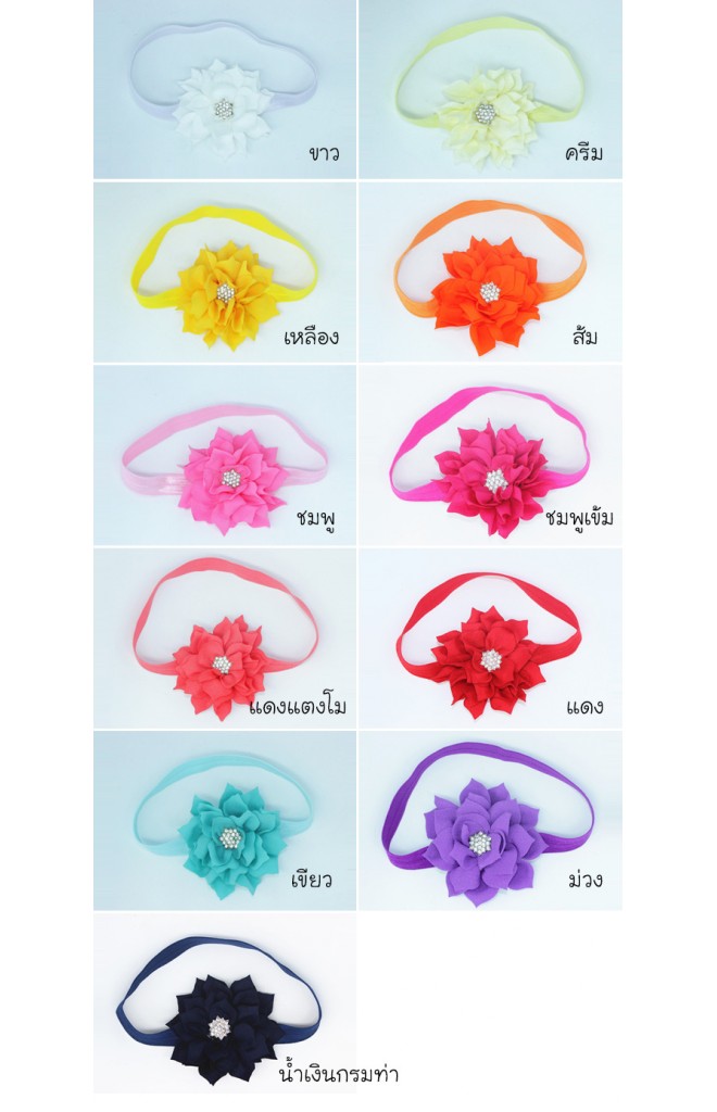 สายคาดผมดอกไม้กลมปลายกลีบแหลม กระดุมเกสรเพชรเทียม
