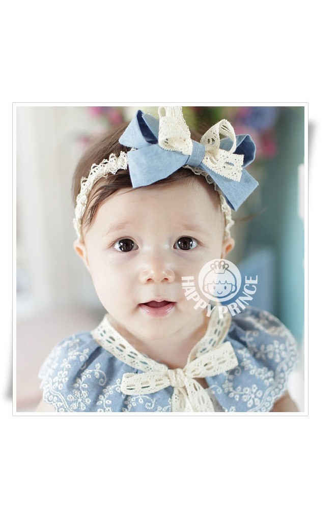สายคาดผมโบว์ลูกไม้ครีมสลับผ้าพื้นสีฟ้า