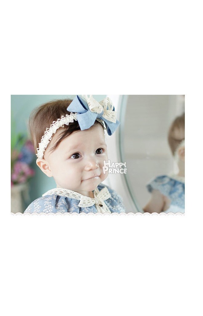 สายคาดผมโบว์ลูกไม้ครีมสลับผ้าพื้นสีฟ้า