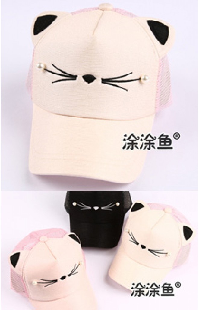 หมวกแก๊ปปักหน้าแมวน้อย แต่งหูน่ารักๆ ด้านหลังผ้าตาข่าย หมวกแก๊ปปักหน้าแมวน้อย แต่งหูน่ารักๆ ด้านหลังผ้าตาข่าย