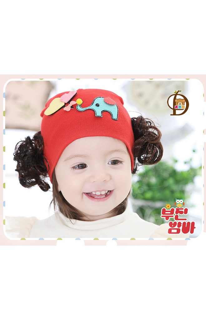 หมวกปอยผมเด็กหญิงแต่งรูปช้างและลูกโป่งรูปหัวใจ