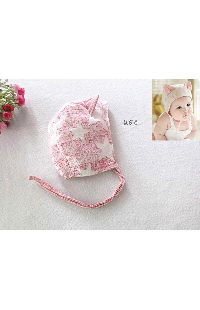หมวกเด็กเล็กแต่งหูผ้าฝ้ายลายดาว มีสายผูกใต้คาง