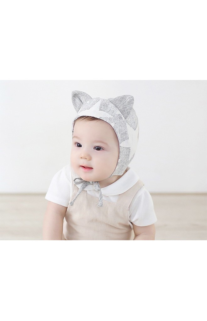 หมวกเด็กเล็กแต่งหูผ้าฝ้ายลายดาว มีสายผูกใต้คาง