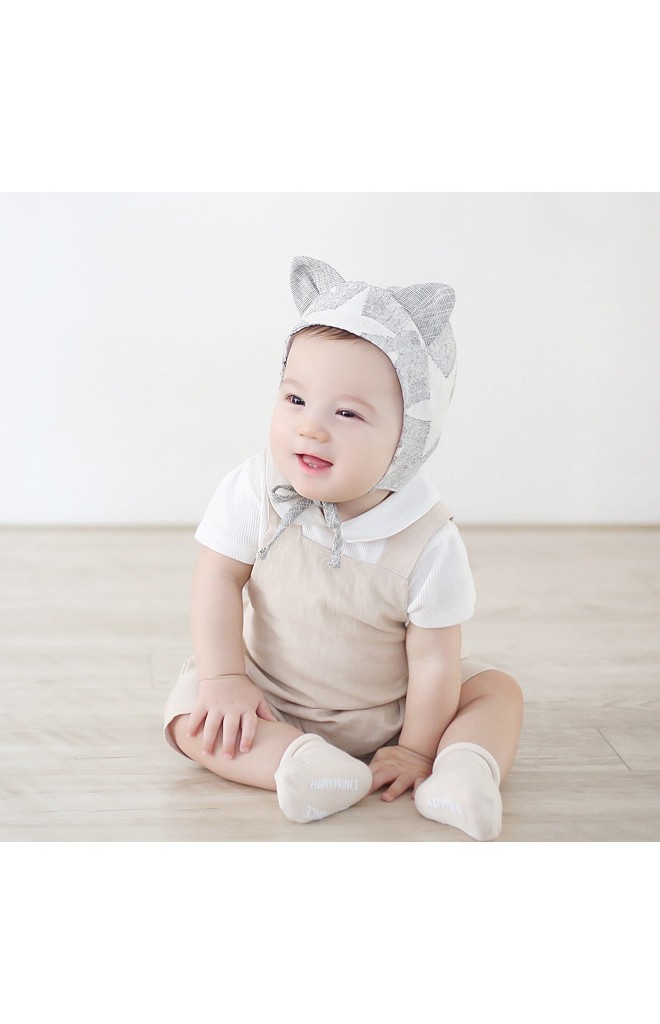 หมวกเด็กเล็กแต่งหูผ้าฝ้ายลายดาว มีสายผูกใต้คาง