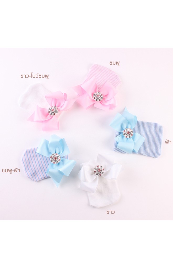 หมวกเด็กแรกเกิดสีชมพูแต่งโบว์ริบบิ้นใหญ่กระดุมเพชรเทียม