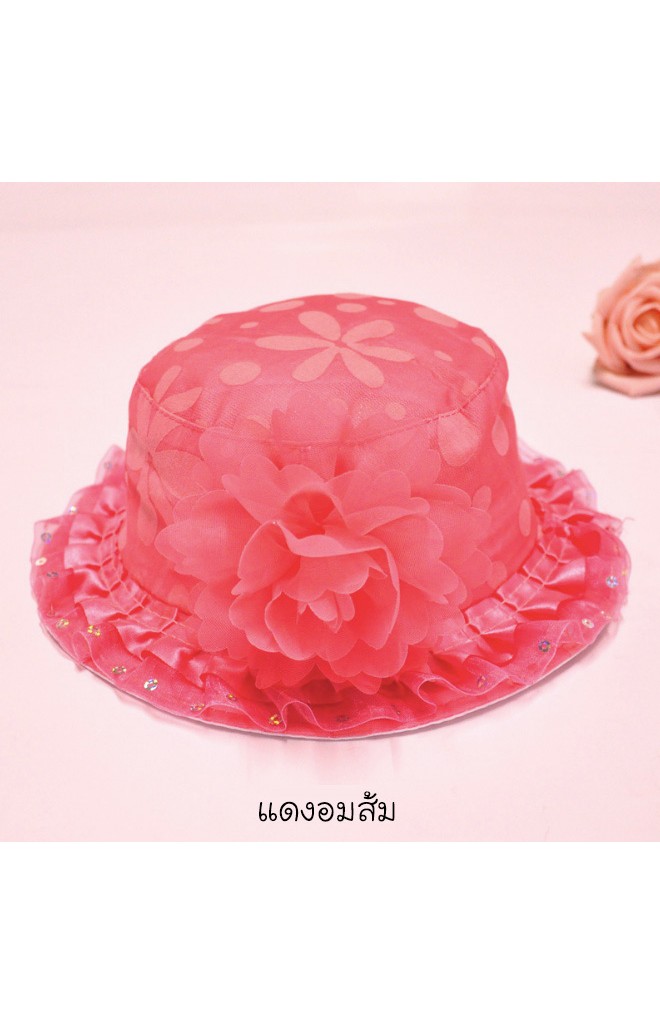 หมวกสาวน้อยผ้าลายดอก แต่งดอกไม้ฟูใหญ่