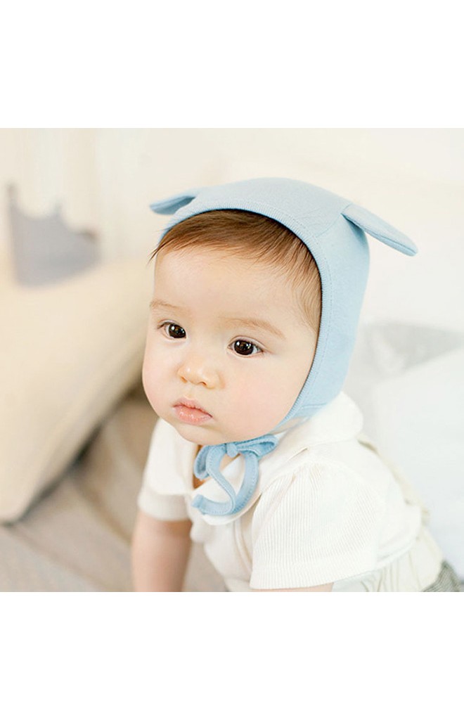 หมวกเด็กเล็กผ้ายืดสีพื้นแต่งหูน่ารักๆ