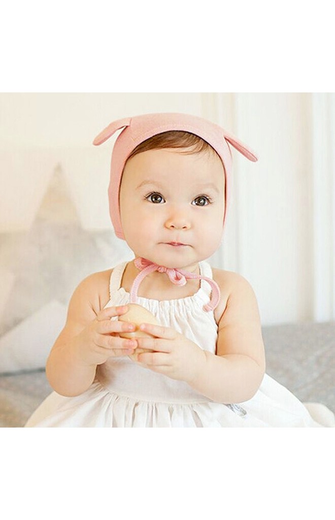 หมวกเด็กเล็กผ้ายืดสีพื้นแต่งหูน่ารักๆ