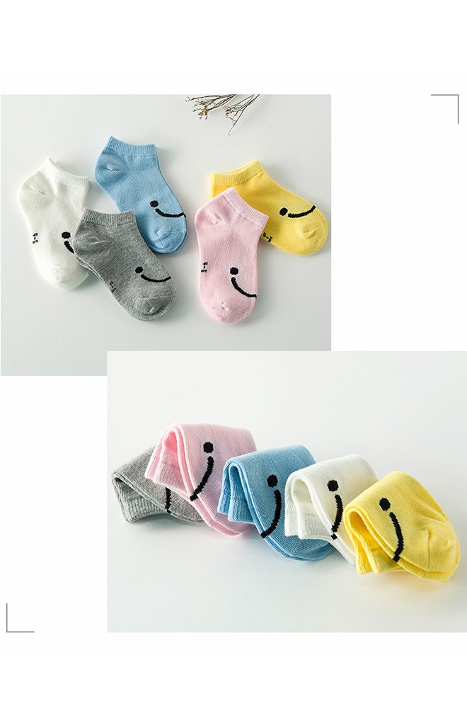 ถุงเท้าเด็กลายการ์ตูนยิ้ม แพ็ค 5 คู่ 5 สี