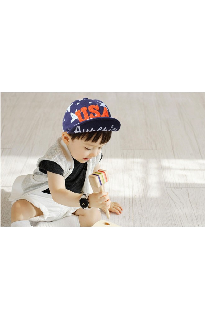 หมวกแก๊ปเด็กลายดาว แต่งอักษร USA แบบฟู