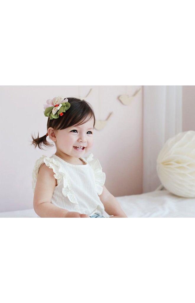กิ๊บเด็กหญิงผ้าชีฟองเขียวและชมพูอ่อนแต่งโบว์ลูกไม้ครีม