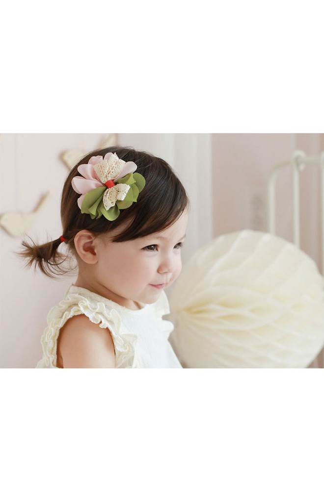 กิ๊บเด็กหญิงผ้าชีฟองเขียวและชมพูอ่อนแต่งโบว์ลูกไม้ครีม