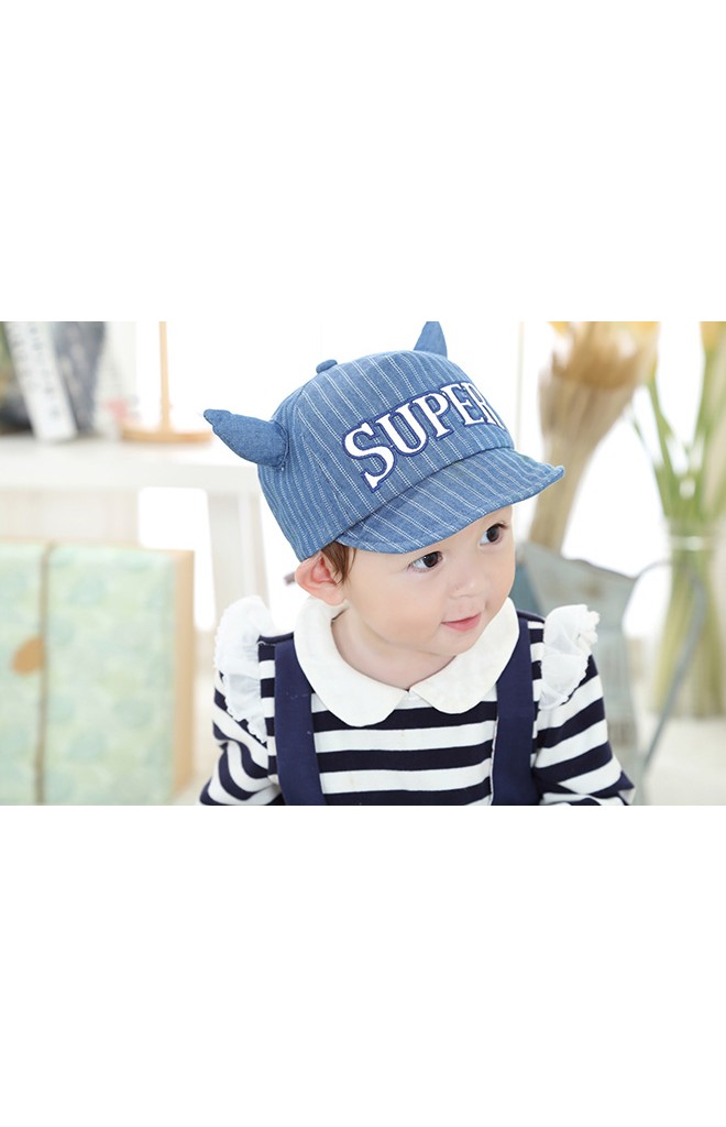 หมวกแก๊ป SUPER ผ้าลายทาง แต่งเขา