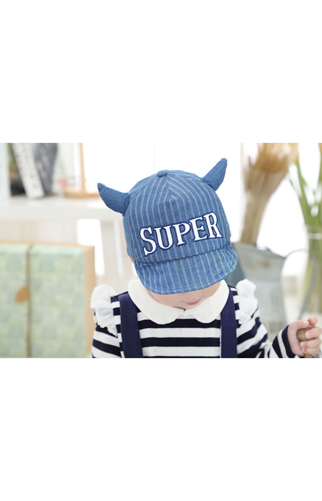 หมวกแก๊ป SUPER ผ้าลายทาง แต่งเขา