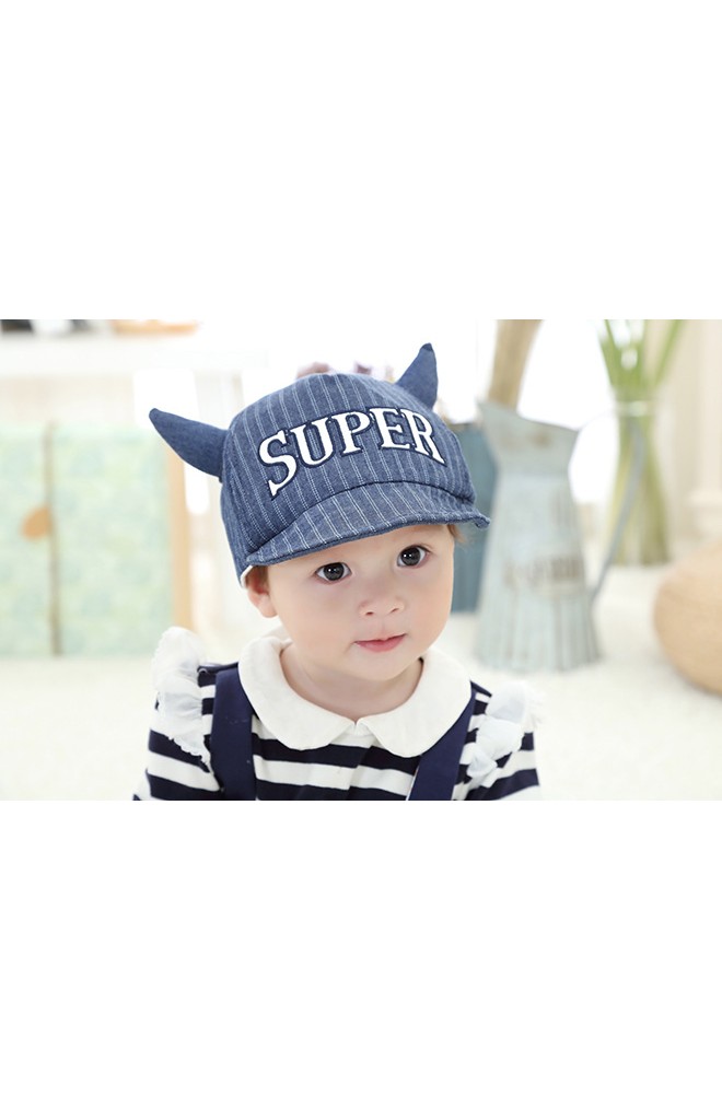 หมวกแก๊ป SUPER ผ้าลายทาง แต่งเขา