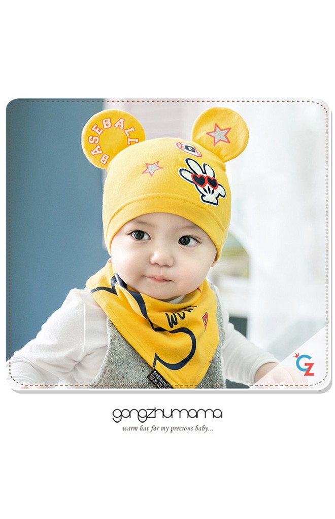 เซ็ตหมวกแต่งหูมิกกี้สกรีน BASEBALL มาพร้อมผ้ากันเปื้อน