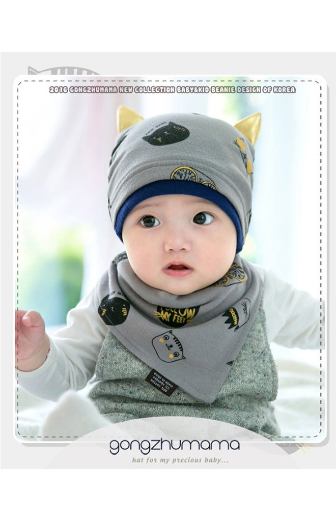 เซ็ตหมวกเด็กลายแมวแต่งหูน่ารักๆ มาพร้อมผ้ากันเปื้อน