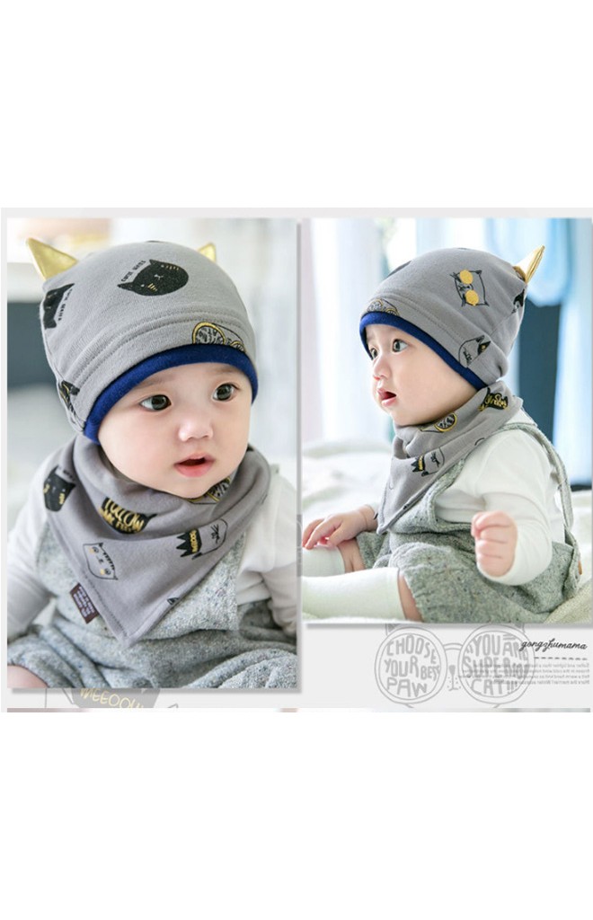 เซ็ตหมวกเด็กลายแมวแต่งหูน่ารักๆ มาพร้อมผ้ากันเปื้อน