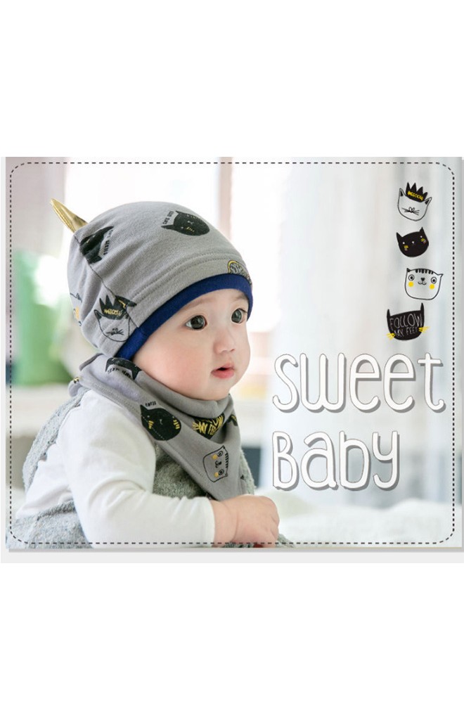 เซ็ตหมวกเด็กลายแมวแต่งหูน่ารักๆ มาพร้อมผ้ากันเปื้อน