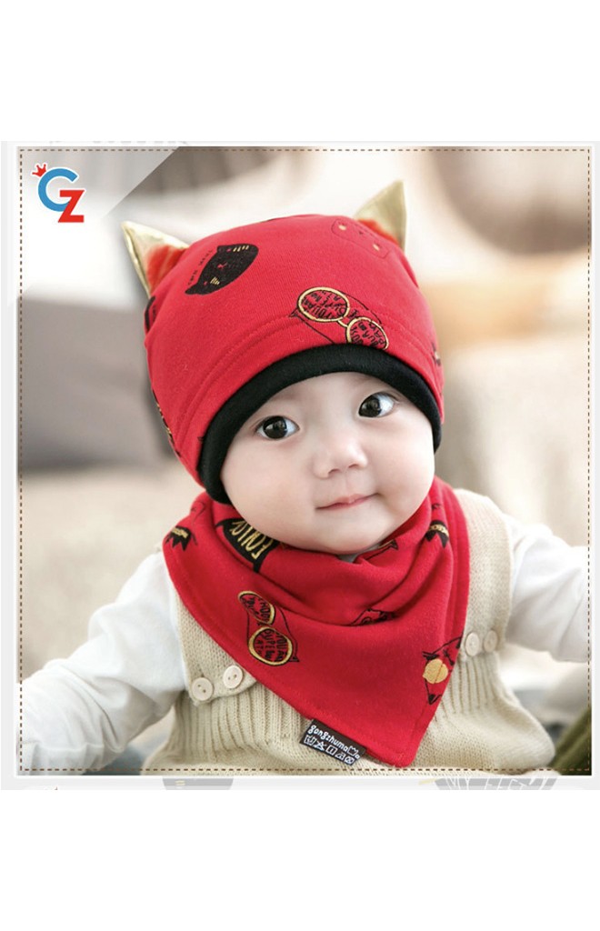 เซ็ตหมวกเด็กลายแมวแต่งหูน่ารักๆ มาพร้อมผ้ากันเปื้อน
